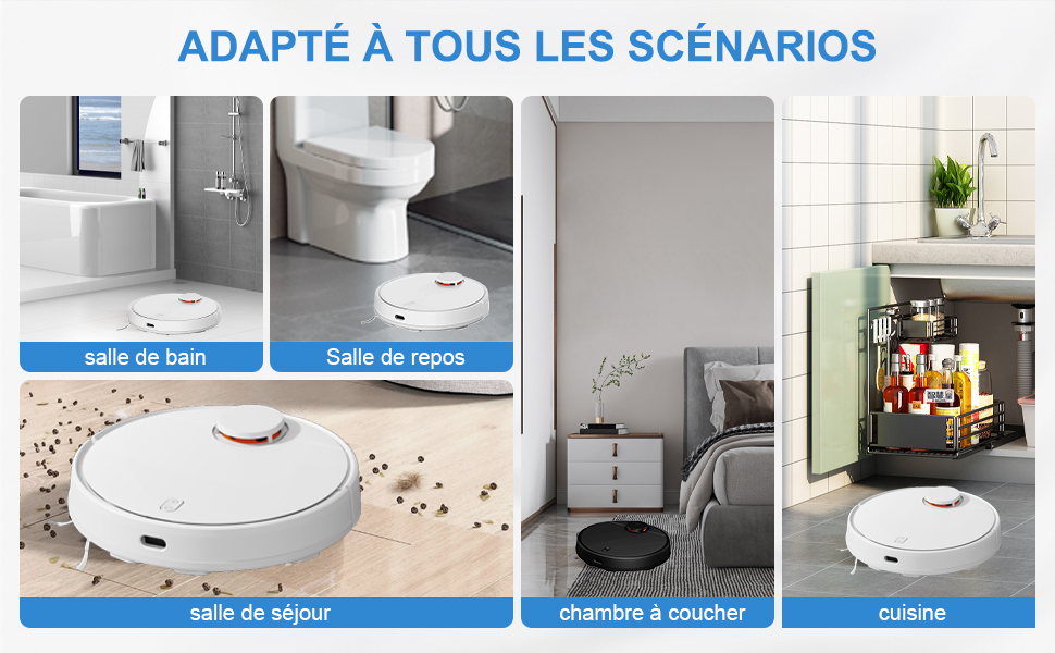 Image composite présentant un aspirateur robot circulaire blanc dans divers environnements domestiques : salle de bain, salon, chambre et cuisine.