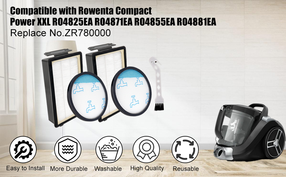 compatible avec Rowenta Compact Power, avec deux filtres circulaires et cinq icônes de fonction ci-dessous.
