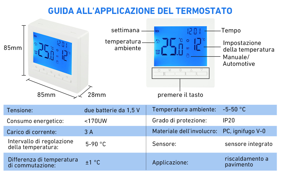 Thermostat numérique avec écran LCD rétroéclairé bleu affichant la température ambiante. Guide produit en italien, avec dimensions, caractéristiques d'alimentation et plage de températures de fonctionnement.