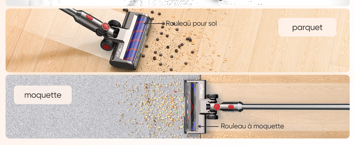 montrant un aspirateur nettoyant à la fois du parquet en bois et de la moquette, avec des débris visibles.