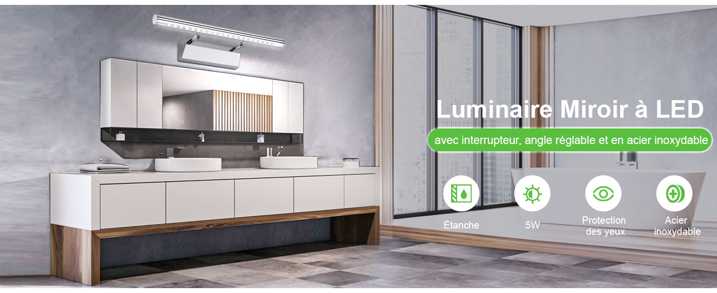  Lampe Salle de Bain Mirroir LED 5W Applique Murale Lumière