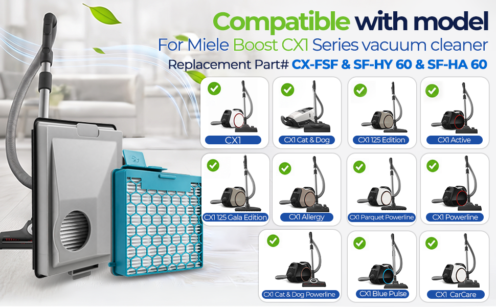 Le texte indique « Compatible avec le modèle pour aspirateurs de la série Miele Boost CX, pièces de rechange pour SF, SF-HA 60 et SF-HA 60 ». L'image montre un filtre à vide, un bac de collecte et 11 pièces de rechange compatibles disposées en grille avec des coches.