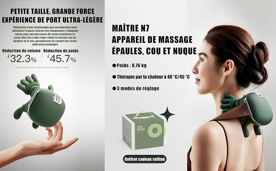 Le texte indique « PETITES TAILLES, GRANDES FORMES EXPÉRIENCES DE PORT ULTRA-LÉGÈRE » et « MAITRE N7 APPAREIL DE MASSAGE ÉPAULES, DOS ET NUQUE ». Image promotionnelle montrant un appareil de massage vert.