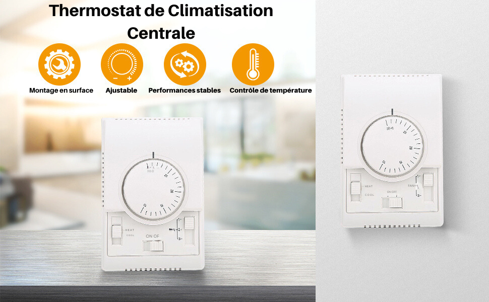 avec cadran et affichage numérique. Les quatre icônes ci-dessus indiquent les caractéristiques : montage en surface, possibilité de réglage, stabilité des performances et contrôle de la température