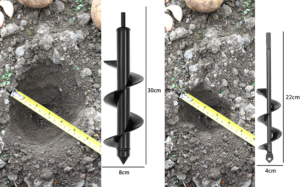 "garden [Hochwertige Materialien, schlichtes Design] Unsere Erdbohrer werden aus hochfestem legiertem Stahl gefertigt und bieten hohe Qualität, Langlebigkeit und Stabilität. Die schwarze Lackierung schützt vor Rost und verleiht dem Gerät ein schlichtes und elegantes Design. [Vielseitig einsetzbar, multifunktional] Dieser Erdbohrer eignet sich ideal für Gärtner, da er das Bohren erleichtert und das Einpflanzen verschiedenster Topfpflanzen, Blumen und Gemüse ermöglicht. Es eignet sich auch zum Bohren in den Boden und kann zur Befestigung von Zäunen, Sonnenschirmen und Werkzeugen verwendet werden.</li><li><strong>[Einfache Bedienung]</strong> Es ist einfach zu bedienen und kann mit den meisten Bohrern ab 10 mm Durchmesser verwendet werden. Es wird empfohlen, eine elektrische Bohrmaschine mit 18 V oder mehr zu verwenden. Halten Sie den Erdbohrer bei Nichtgebrauch frei von Schmutz und Ablagerungen.</li></ul>