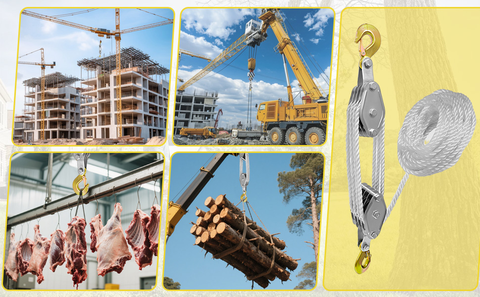Zusammenstellung von Bauszenen: Baustelle, Kranhebematerial, Fleischverarbeitung, Holztransport und eine Metallscheibe mit weißem Seil auf gelbem Hintergrund
