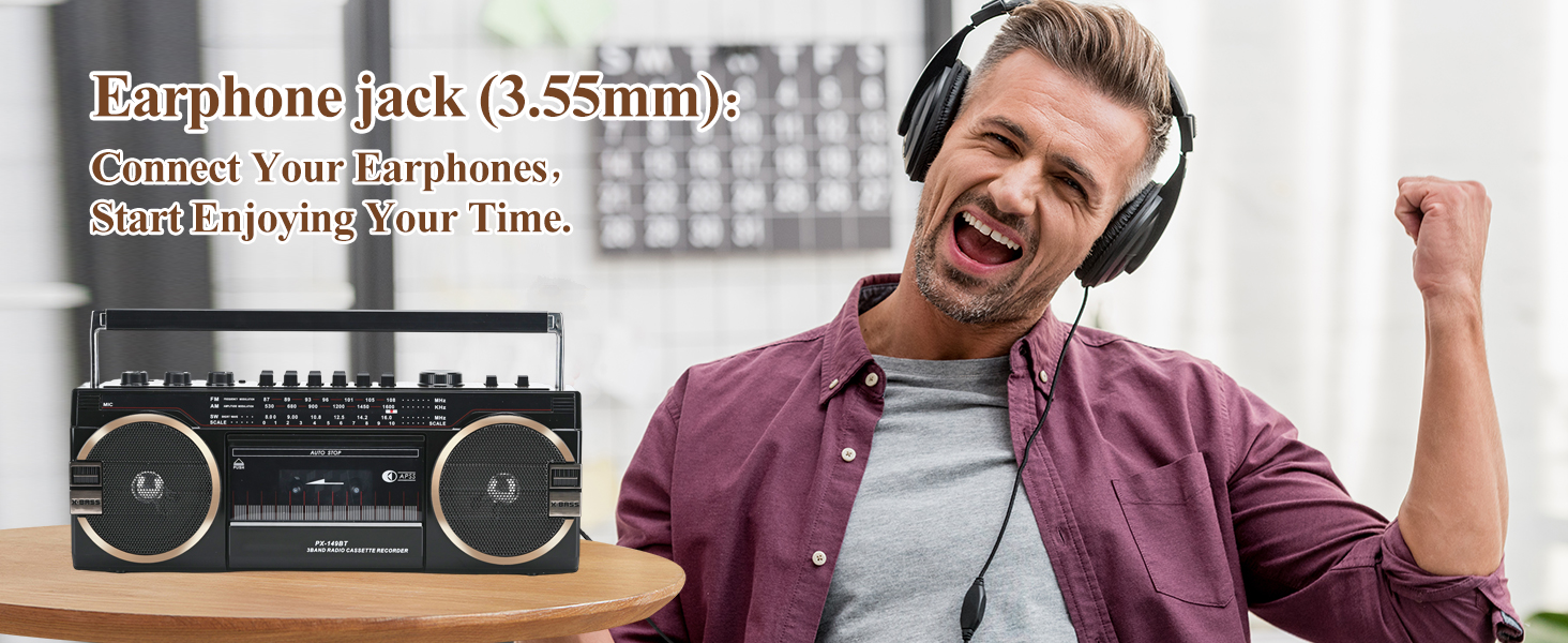 Boombox im Retro-Stil mit Texteinblendung, in der die 3,5-mm-Kopfhörerbuchse für den Anschluss persönlicher Kopfhörer erwähnt