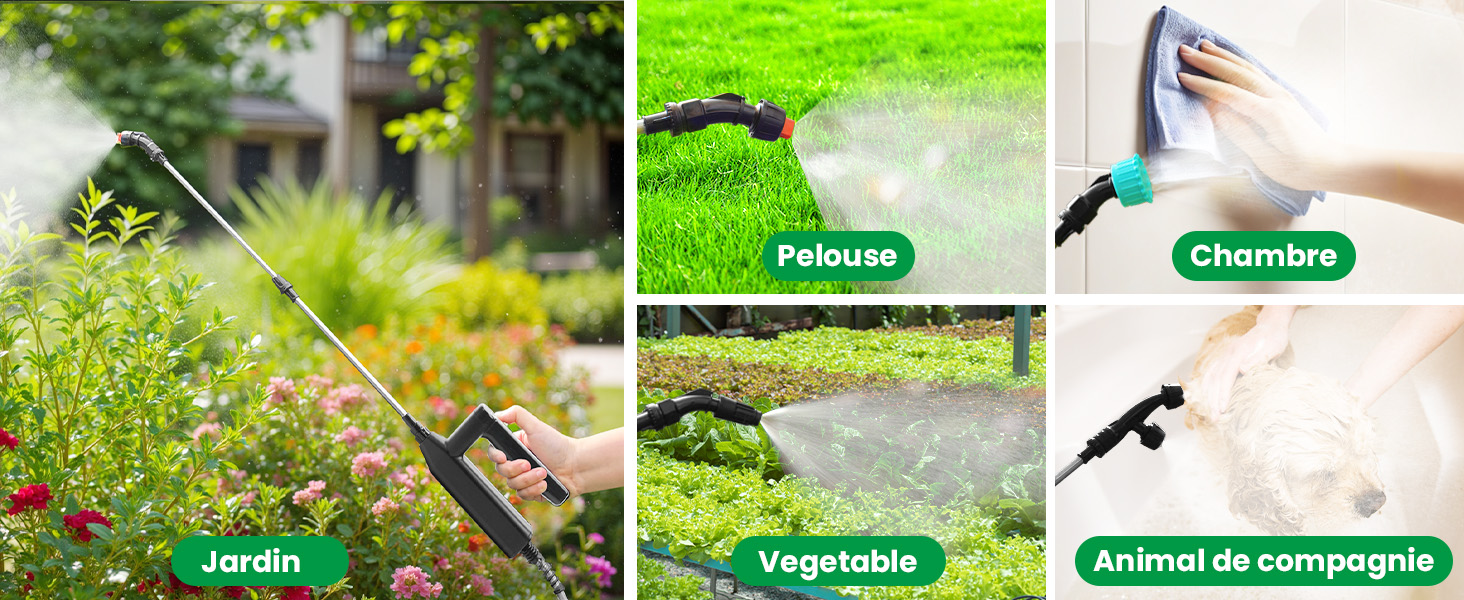 utilisé pour diverses applications : arrosage des plantes dans un jardin, pulvérisation de pelouse, nettoyage des murs, arrosage des légumes et toilettage des animaux de compagnie. Plusieurs panneaux mettent en valeur la polyvalence.