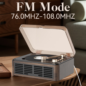 de style vintage avec radio FM intégrée. Meuble rectangulaire gris avec couvercle relevable, plateau tournant visible. L'écran affiche la plage de fréquences FM 76,0 MHz