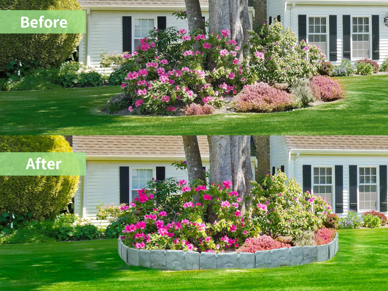 Before and after comparison of garden landscaping, showing the installation of a curved gray border around a flower bed with pink and white flowering plants