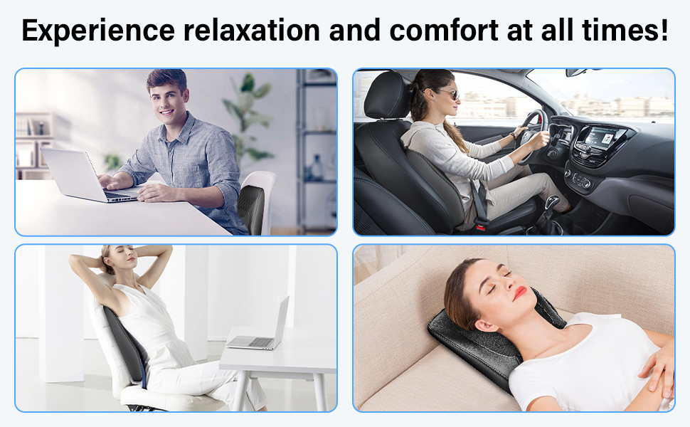Le texte se lit comme suit : « Profitez de la détente et du confort à tout moment ! » Image à quatre panneaux montrant des personnes utilisant des produits de massage ou de confort tout en travaillant, en conduisant ou en se relaxant.