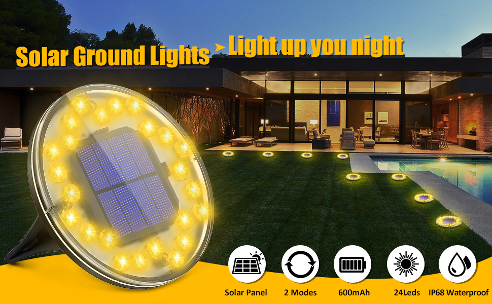 Lampes solaires de sol,  24 LED pour extérieur IP68 étanche lampes solaires de chemin d'extérieur