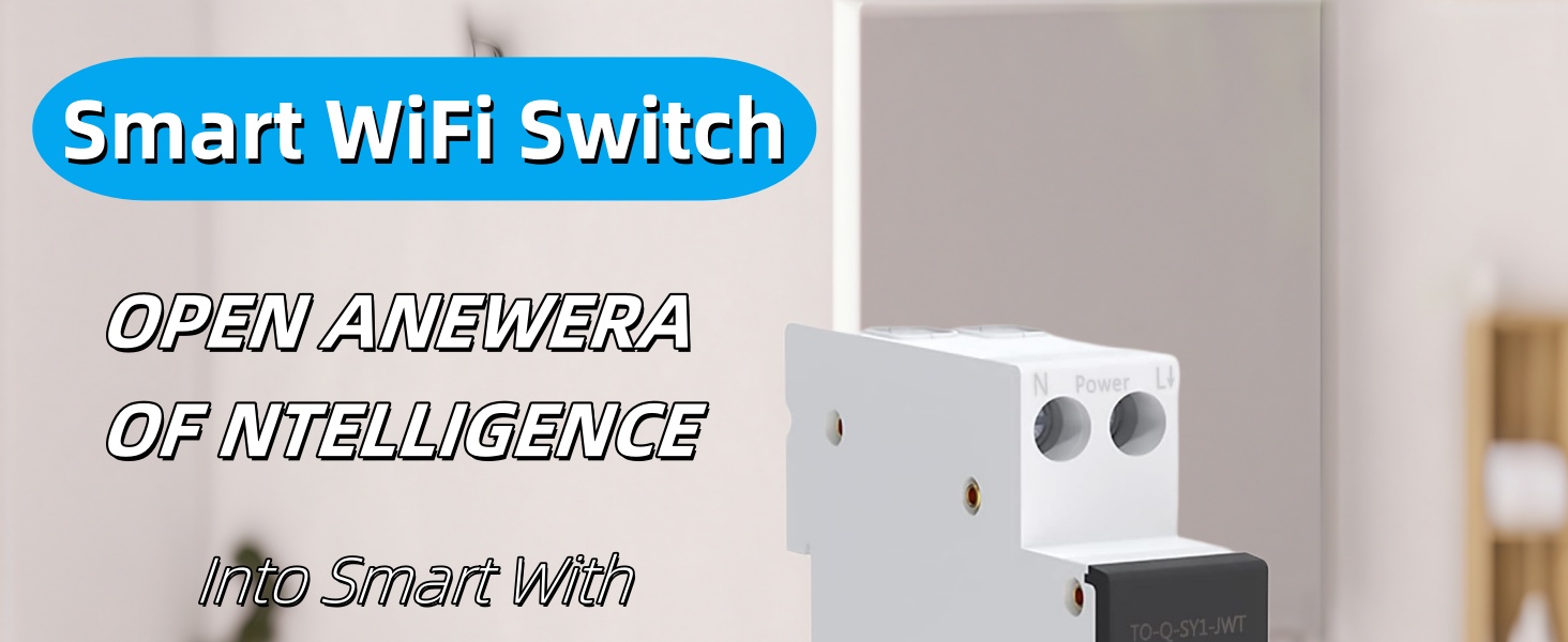 White rectangular smart WiFi switch device with two circular ports. Text overlay reads 'Smart WiFi Switch' and 'Open a new era of intelligence'.
