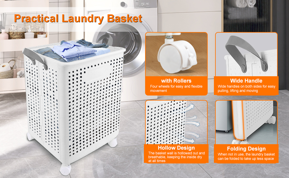 Collapsible white plastic laundry basket with perforated design, featuring rollers and wide handles. Product diagram shows folding capability and functional features.