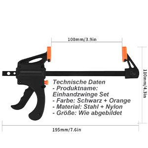 Schéma technique d'une pince avec des mesures : 150 mm/5,9 pouces de largeur et 155 mm/7,4 pouces de longueur. Fabriqué en acier et en nylon.