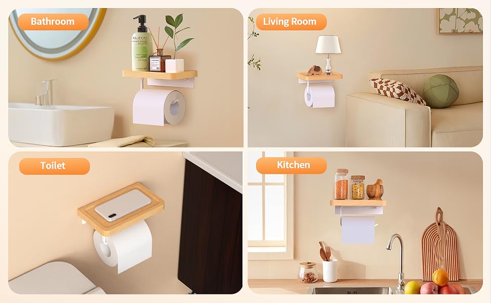 Image en quatre panneaux montrant des porte-papier toilette en bois avec étagères installés dans la salle de bains, le salon, les toilettes et la cuisine.