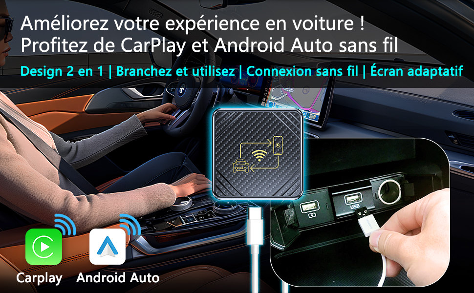 Adaptateur CarPlay Android Auto sans fil voiture Bluetooth 5.0 USB-C Car Play 