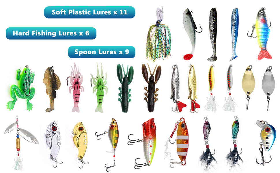 Le texte indique « Soft Plastic Lure 6.5 ». Affichage de leurres de pêche colorés disposés en rangées, présentant différents motifs et motifs de différentes couleurs vives.