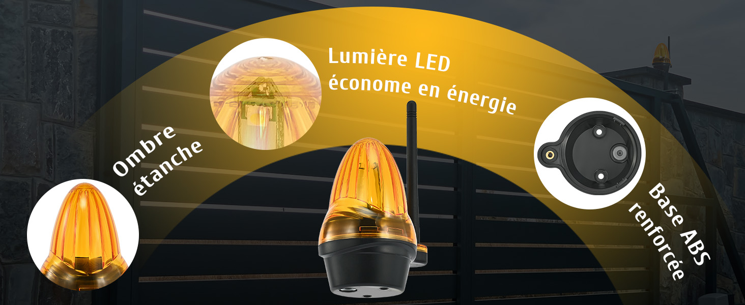 Schéma des caractéristiques du produit montrant un luminaire LED de couleur ambre en trois vues, avec un texte en français indiquant un éclairage LED économe en énergie