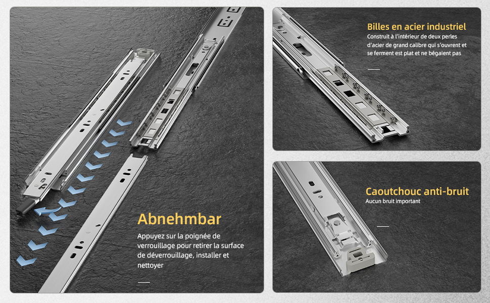 Guide per cassetti industriali in acciaio con componenti in gomma fonoassorbenti mostrate da diverse angolazioni. Presentano un design rimovibile e una tecnologia di riduzione del rumore