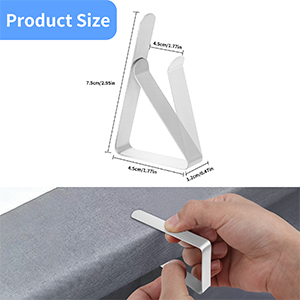 dont les dimensions sont indiquées : 7,5 cm x 9,9 cm de hauteur, 6,9 cm x 7,7 cm de base. L'image du bas montre un support tenant un smartphone sur une surface grise.