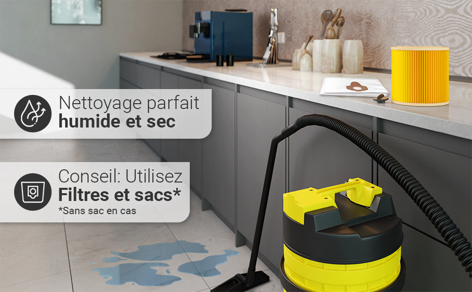 jaune et noir sur le sol de la cuisine. Le texte met en évidence un nettoyage parfait à sec et humide et l'utilisation de filtres et de sacs.