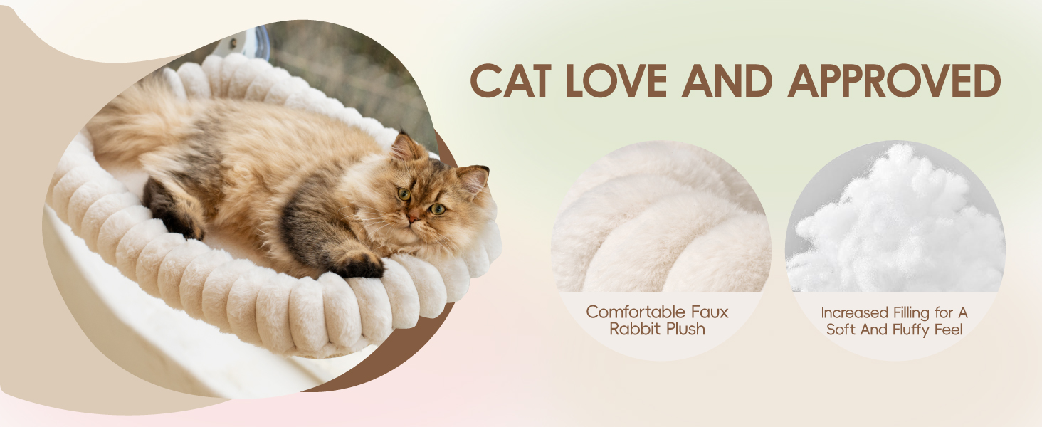 Le texte indique « CAT LOVE AND APPROVED ». Chat au repos dans un lit ou une chaise longue incurvé blanc, avec les spécifications du produit indiquées à droite.
