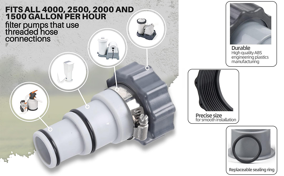 "Adapter von Diese Pooladapter werden mit Gewindeklemmen mit einem Innendurchmesser von 2,25 Zoll geliefert, um NPT-Schlauchanschlüsse mit Schläuchen im Klemmenstil zu verbinden. Sie eignen sich perfekt als Ersatz für ältere Schläuche ohne Adapter. Die Intex Bestway-Adapter verfügen zudem über O-Ringe für eine besonders wasserdichte Verbindung.