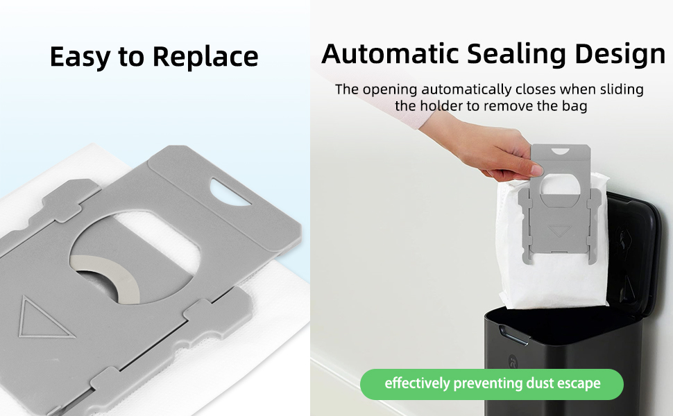 Le texte indique « Facile à remplacer » et « Conception de scellage automatique ». Démonstration du produit montrant un mécanisme de fixation noir sur une surface.