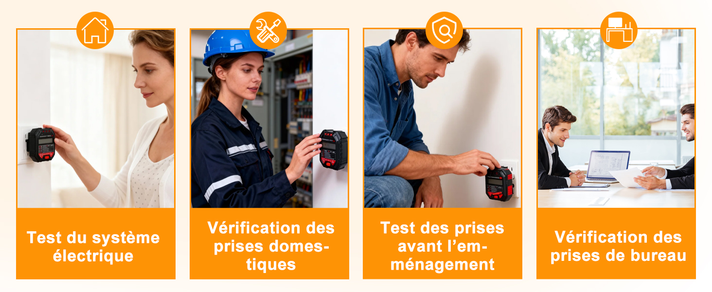 Série d'images didactiques illustrant les étapes d'installation, avec des encadrés d'information orange sur la droite contenant du texte sur les tests et la configuration du système.