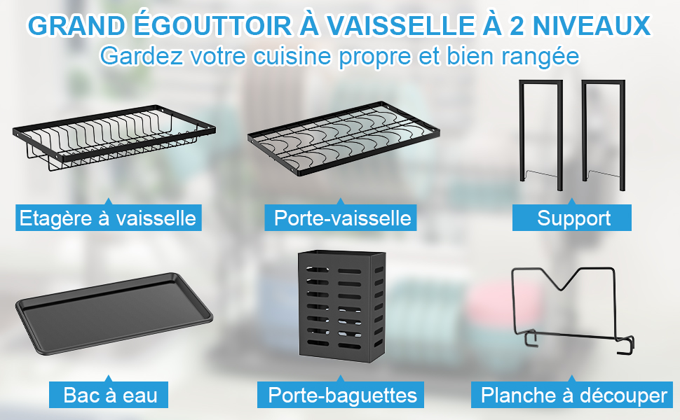 comprenant un égouttoir, un égouttoir, un cadre de support, un bac de récupération d'eau, un porte-ustensiles et un support de planche à découper, tous présentés en finition noire