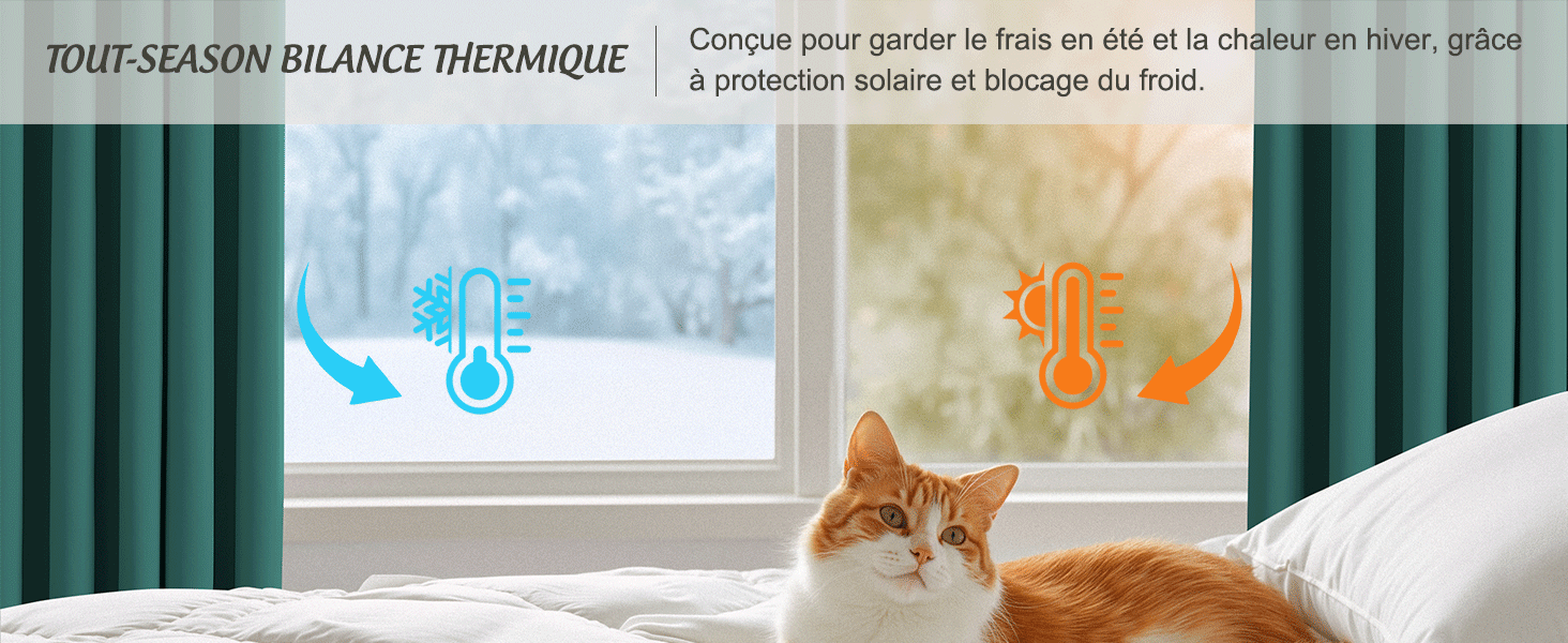 Le texte se lit comme suit : « RIDEAUX BALANCE THERMIQUE » en français. Photo intérieure montrant une fenêtre avec des rideaux et un chat se reposant près du rebord de la fenêtre.