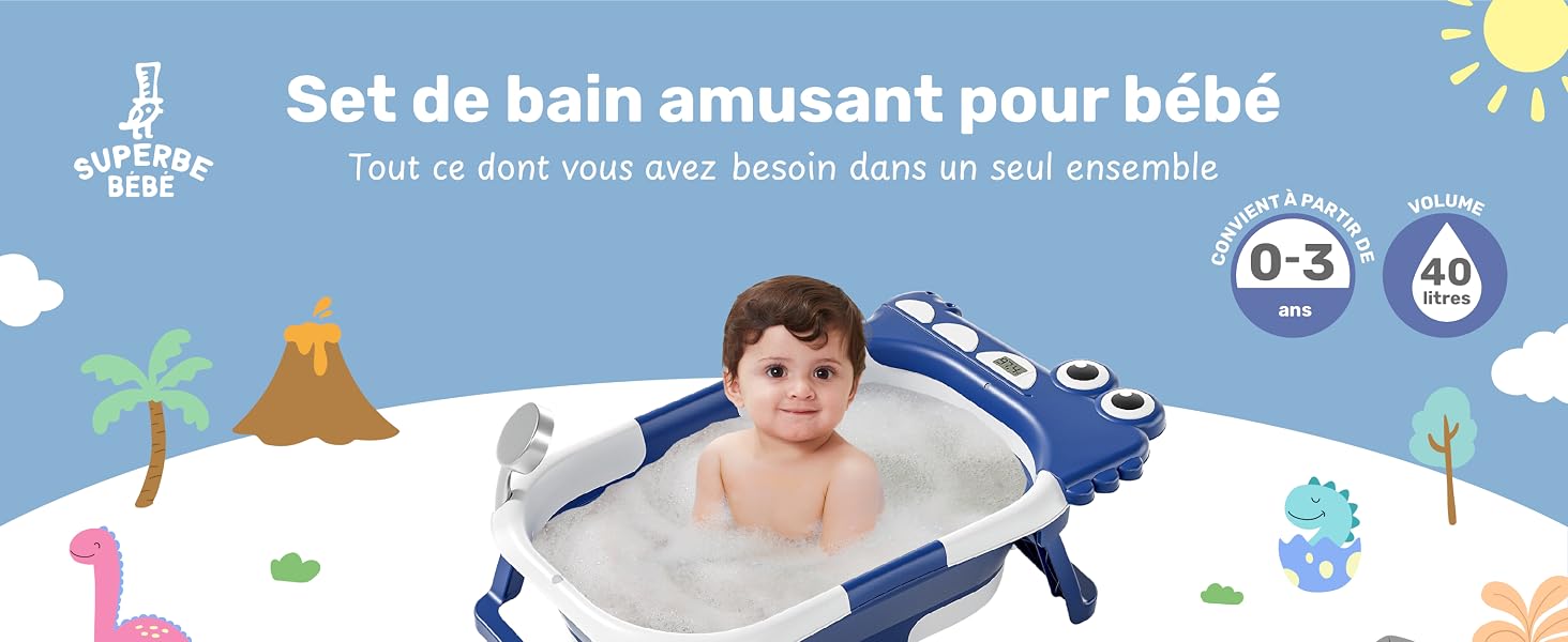 einschließlich einer blauen, faltbaren Badewanne mit Krokodilmuster.
[SENTENCE 2] Der französische Text beschreibt sie als ein lustiges Badeset für Babys von 0 bis 3 Jahren