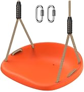 Siège de balançoire orange en forme de disque avec attaches en corde, mousquetons métalliques et poignées en corde enroulée pour l'installation d'équipements de jeu extérieurs.