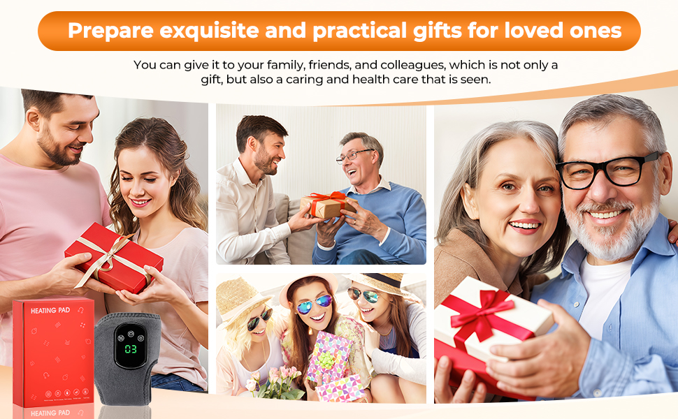 Le texte se lit comme suit : « Préparez des cadeaux exquis et pratiques pour vos proches ». Collage montrant plusieurs personnes échangeant et ouvrant des coffrets cadeaux.