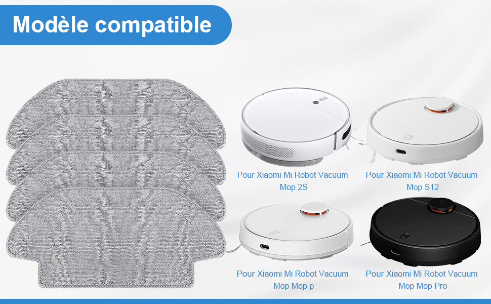 Ensemble d'accessoires pour aspirateurs robots comprenant des tampons de rechange ronds et différents modèles d'aspirateurs circulaires en blanc et noir.