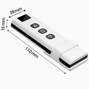 Télécommande blanche à trois boutons. Dimensions indiquées : 110 mm de longueur, 38 mm de largeur, 15 mm