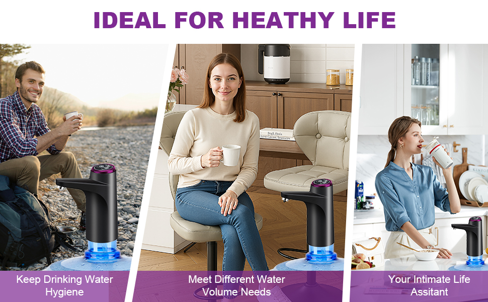 Le texte indique « IDÉAL POUR UNE VIE SAINE ». Bannière présentant plusieurs images de style de vie de personnes utilisant des purificateurs d'eau à domicile, présentant divers avantages tels que l'hygiène et un mode de vie sain.