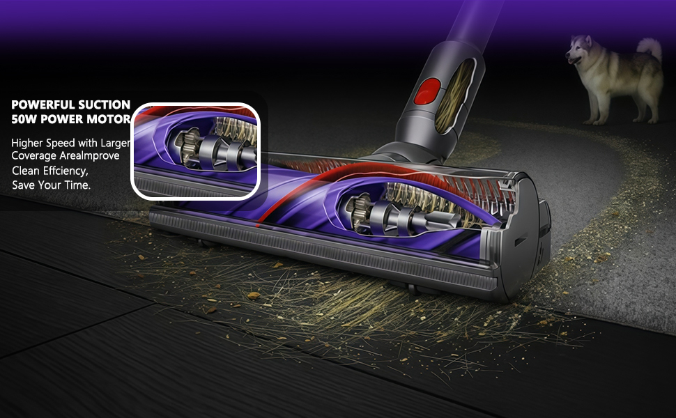 avec aspiration puissante et moteur de 58 W. Comprend une tête de brosse rotative, un flux d'air illustré et une efficacité de nettoyage améliorée sur diverses surfaces, y compris les poils d'animaux