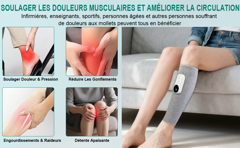 Le texte se lit comme suit : « SOULAGER LES DOULEURS MUSCULAIRES ET AMÉLIORER LA CIRCULATION ». Collage montrant différents massages et traitements thérapeutiques appliqués à différentes parties du corps.