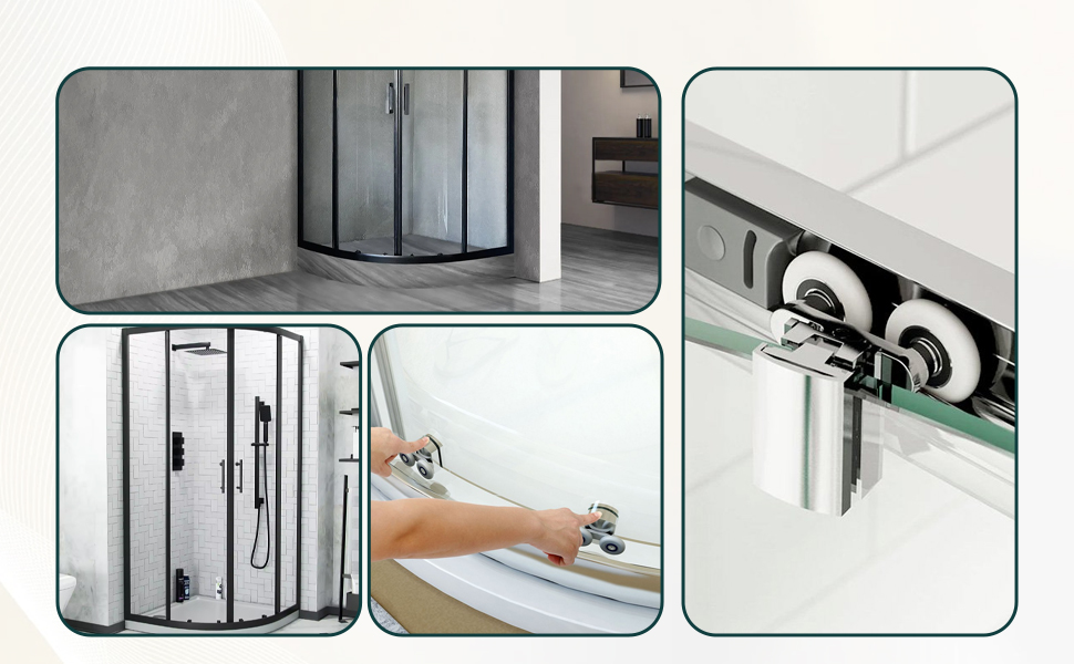 Les détails d'installation de la porte de douche coulissante sont présentés en quatre panneaux, comprenant un système de rails métalliques, des poignées de porte et des composants du mécanisme à rouleaux.