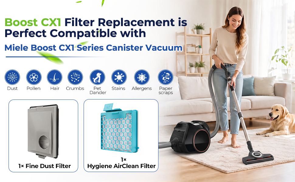 Le texte indique « Le remplacement du filtre Boost CX1 est parfaitement compatible avec les aspirateurs-traîneaux Miele Boost CX1 Series » avec des icônes de compatibilité. Montre un filtre à poussière fine, un filtre d'assainissement de l'air hygiénique et un aspirateur-cartouche en cours d'utilisation.
