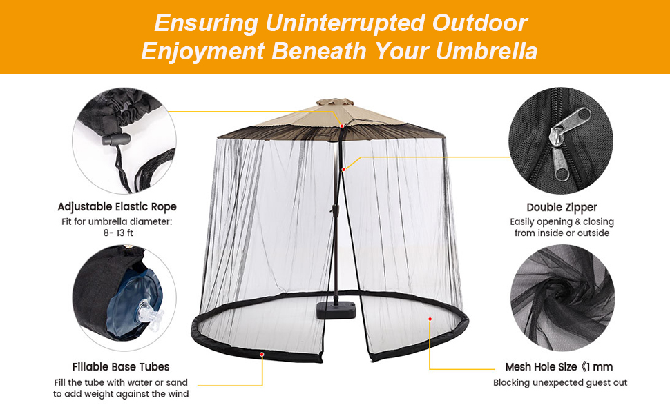 Patio Umbrella NetUniversal Canopy Umbrella Mosquito Netting with Zipper Door and Adjustable Rope