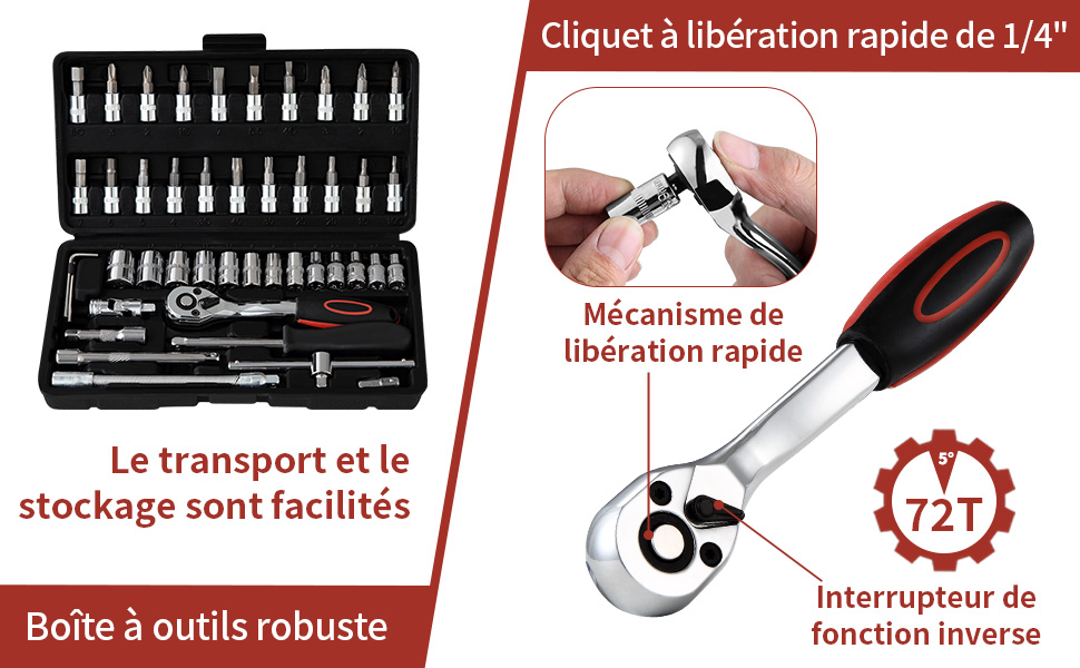 dans un bo?tier noir avec mécanisme de libération rapide. Les caractéristiques incluent un cliquet à 72 dents et un transport facile. Le texte en fran?ais décrit la fonction de libération rapide.