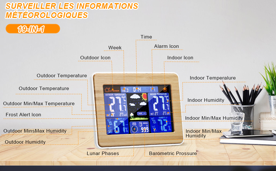 avec grand écran couleur. Affiche la température intérieure/extérieure, l'humidité, l'heure et d'autres données météorologiques. Comprend un support de bureau et des capteurs.