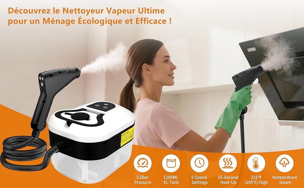 Le texte se lit comme suit : « Découvrez le Nettoyeur Vapeur Ultime pour un Ménage Écologique et Efficace ! » Femme utilisant un nettoyeur à vapeur portatif blanc et orange avec sortie de brume.