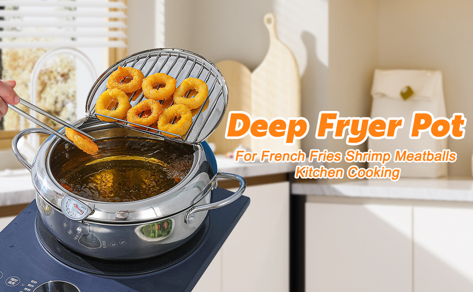 Friggitrice con cestello contenente anelli di cipolla. Costruzione in acciaio inossidabile con coperchio in vetro. Il testo sovrapposto recita «Deep Fryer Pot» e menziona la cucina veloce, patatine fritte