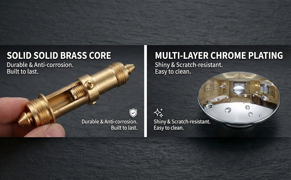 Text reads: 'SOLID SOLID BRASS CORE' and 'MULTI-LAYER CHROME PLATING'. Split image showing gold-colored metal core component and chrome-plated surface detail.