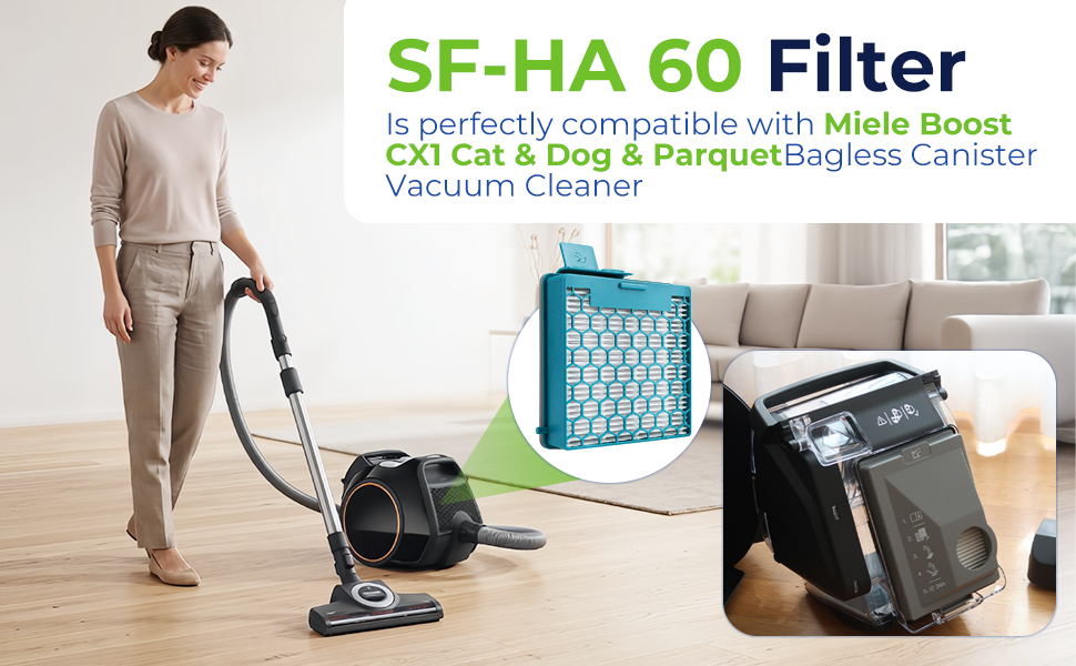 Le texte indique « Filtre SF-HA 60 » et « est parfaitement compatible avec l'aspirateur Miele Boost C3i Cat &amp; Dog S Powerline ». Personne tenant un aspirateur avec cartouche filtrante bleue illustrée séparément.
