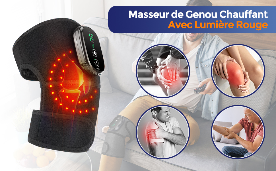 avec thérapie par lumière rouge. Plusieurs panneaux indiquent l'utilisation de l'appareil et les zones touchées des genoux. Le texte français décrit le produit.
